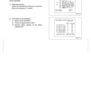 Pode incluir: Uma p&aacute;gina de um manual que detalha a fun&ccedil;&atilde;o de um painel multi-monitor. Inclui um menu de servi&ccedil;o e informa&ccedil;&otilde;es de registro de manuten&ccedil;&atilde;o, como dados de &oacute;leo e filtro do motor. O texto est&aacute; em ingl&ecirc;s.