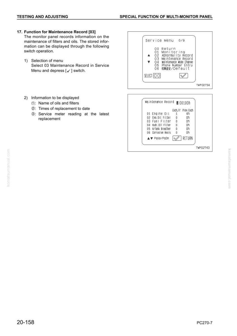 Pode incluir: Uma p&aacute;gina de um manual que detalha a fun&ccedil;&atilde;o de um painel multi-monitor. Inclui um menu de servi&ccedil;o e informa&ccedil;&otilde;es de registro de manuten&ccedil;&atilde;o, como dados de &oacute;leo e filtro do motor. O texto est&aacute; em ingl&ecirc;s.