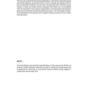 May include: A white printed manual with the title "PREFACE" at the top. The text describes technical specifications, mechanical layouts, and instructions for Landini tractors. The bottom of the page includes "PRE-SALE SERVICE May 2003 42042 FABBRICO (RE) ITALY".