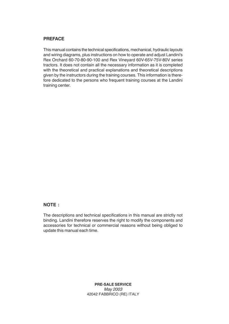 May include: A white printed manual with the title "PREFACE" at the top. The text describes technical specifications, mechanical layouts, and instructions for Landini tractors. The bottom of the page includes "PRE-SALE SERVICE May 2003 42042 FABBRICO (RE) ITALY".