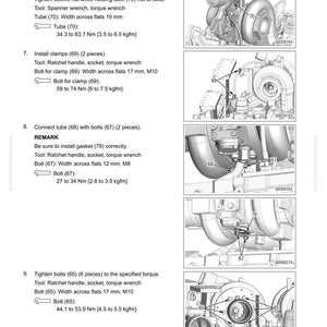 May include: Diagram of a VGT assembly with numbered components and torque specifications. Includes instructions for connecting tubes, installing clamps, and tightening bolts. Measurements are in Nm and mm.
