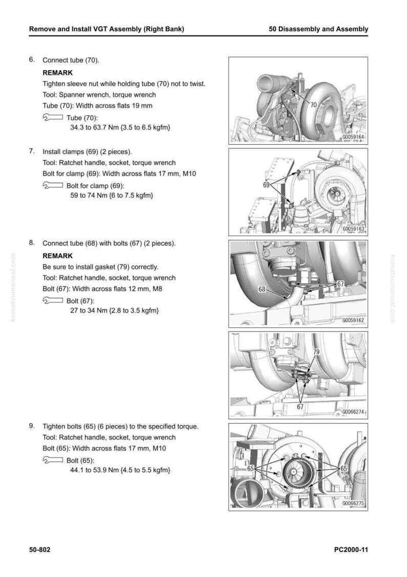 May include: Diagram of a VGT assembly with numbered components and torque specifications. Includes instructions for connecting tubes, installing clamps, and tightening bolts. Measurements are in Nm and mm.