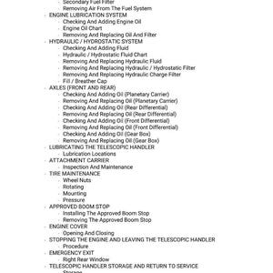 May include: A white document lists maintenance procedures for a fuel system, engine, and hydraulic systems. The text includes items like "Checking And Adding Engine Oil" and "Removing And Replacing Oil And Filter".