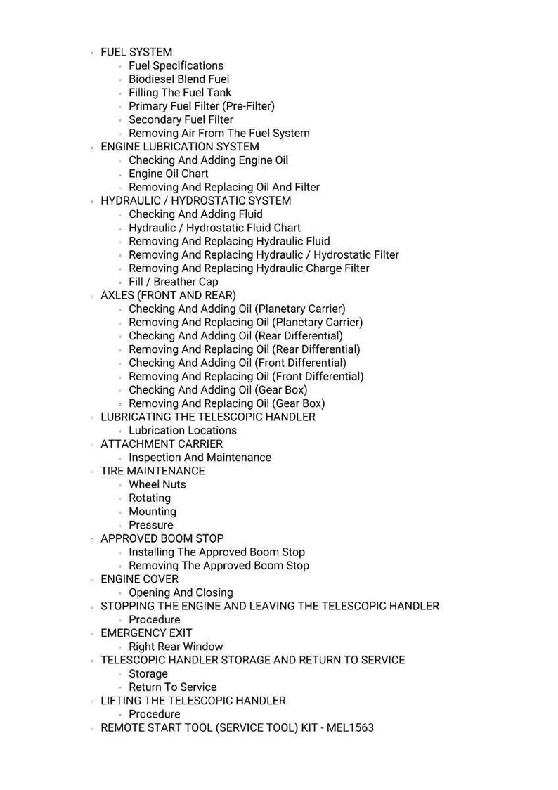 May include: A white document lists maintenance procedures for a fuel system, engine, and hydraulic systems. The text includes items like "Checking And Adding Engine Oil" and "Removing And Replacing Oil And Filter".