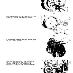 May include: Technical illustration showing steps for disassembling a mechanical component. Includes close-up views of gears, screws, and a retaining ring. Text instructions accompany each step, guiding the user through the process.