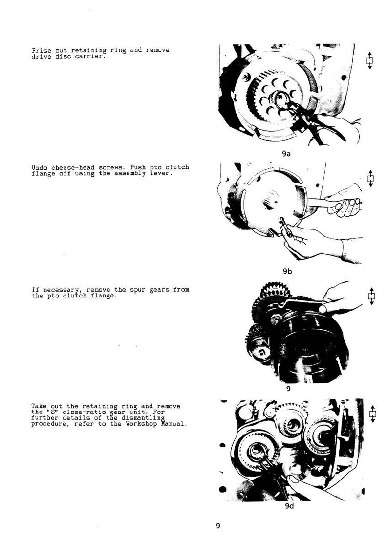 May include: Technical illustration showing steps for disassembling a mechanical component. Includes close-up views of gears, screws, and a retaining ring. Text instructions accompany each step, guiding the user through the process.