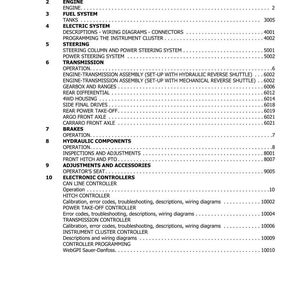 May include: A detailed table of contents from a manual, featuring a list of sections and their corresponding page numbers. The document covers topics like engine, fuel system, electric system, steering, transmission, brakes, and electronic controllers.