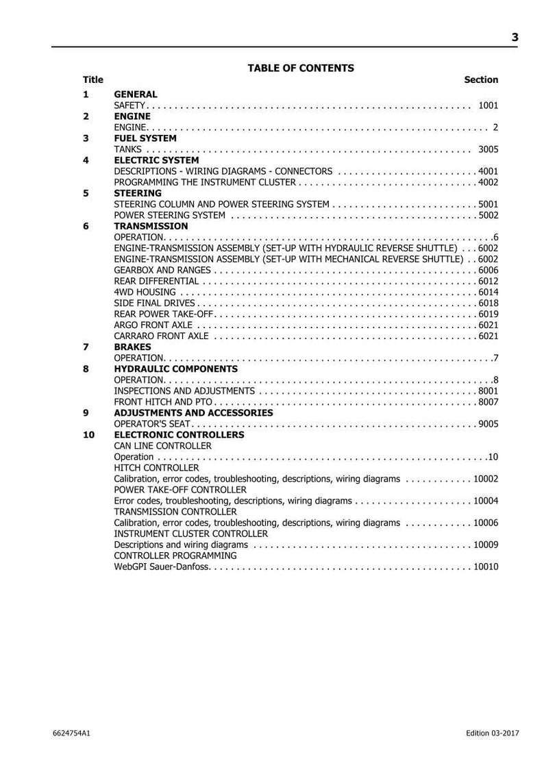 May include: A detailed table of contents from a manual, featuring a list of sections and their corresponding page numbers. The document covers topics like engine, fuel system, electric system, steering, transmission, brakes, and electronic controllers.