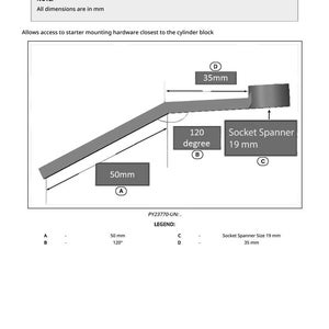 Puede incluir: Diagrama de una llave de arranque con dimensiones en mil&iacute;metros. La llave tiene una secci&oacute;n de 50 mm, un &aacute;ngulo de 120 grados y un tama&ntilde;o de llave de vaso de 19 mm. El diagrama tambi&eacute;n muestra una secci&oacute;n de 35 mm.