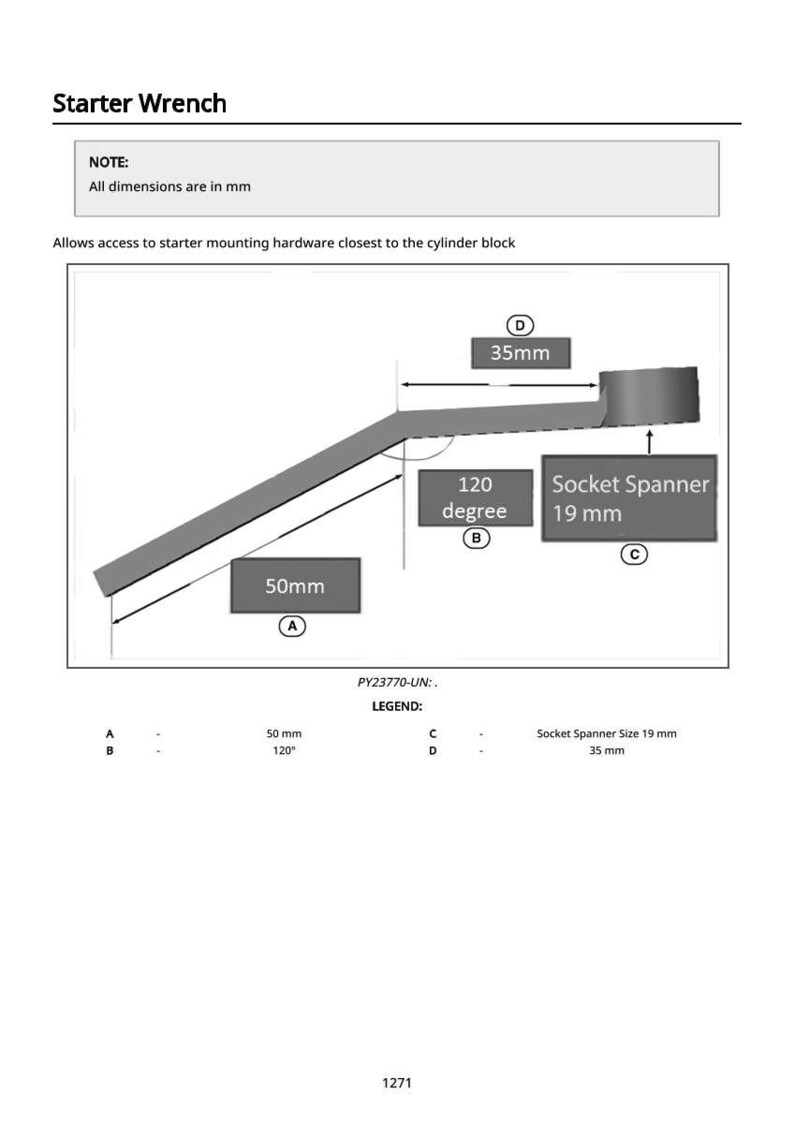 Puede incluir: Diagrama de una llave de arranque con dimensiones en mil&iacute;metros. La llave tiene una secci&oacute;n de 50 mm, un &aacute;ngulo de 120 grados y un tama&ntilde;o de llave de vaso de 19 mm. El diagrama tambi&eacute;n muestra una secci&oacute;n de 35 mm.