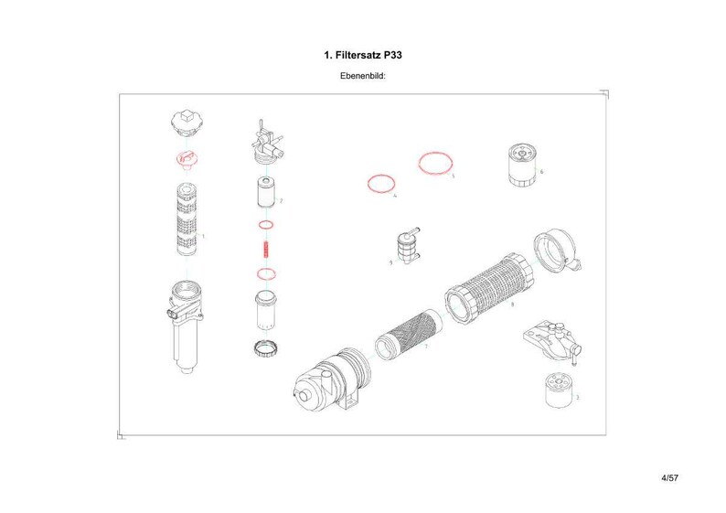 May include: An exploded diagram of a filter set, labeled "1. Filtersatz P33". The image shows various mechanical components, including cylindrical filters, O-rings, and housings, all in a technical illustration style.