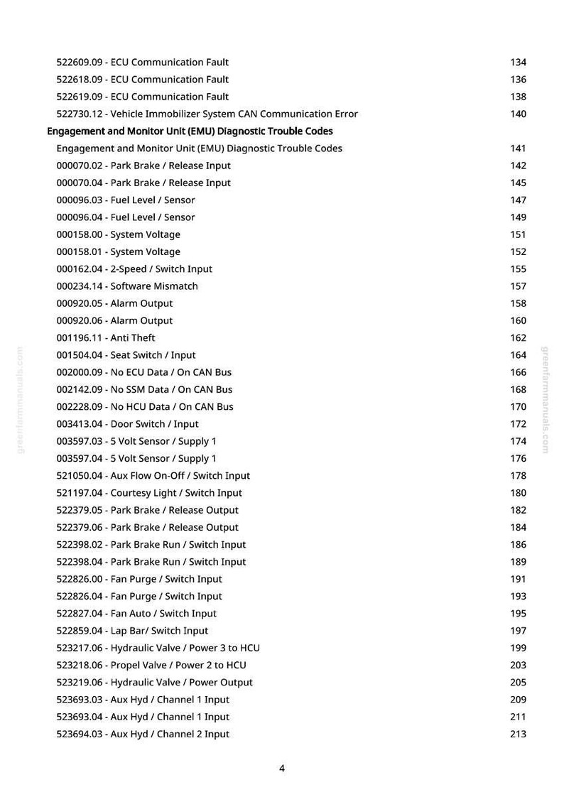 May include: A page from a manual with a list of diagnostic trouble codes, including "ECU Communication Fault" and "Park Brake / Release Input." The text is black on a white background, with page numbers on the right.