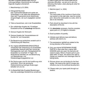May include: A page from a manual with German and English text. The text provides instructions for ordering spare parts, including machine type, serial number, and part descriptions. The page is from a manual for Weidemann machines.