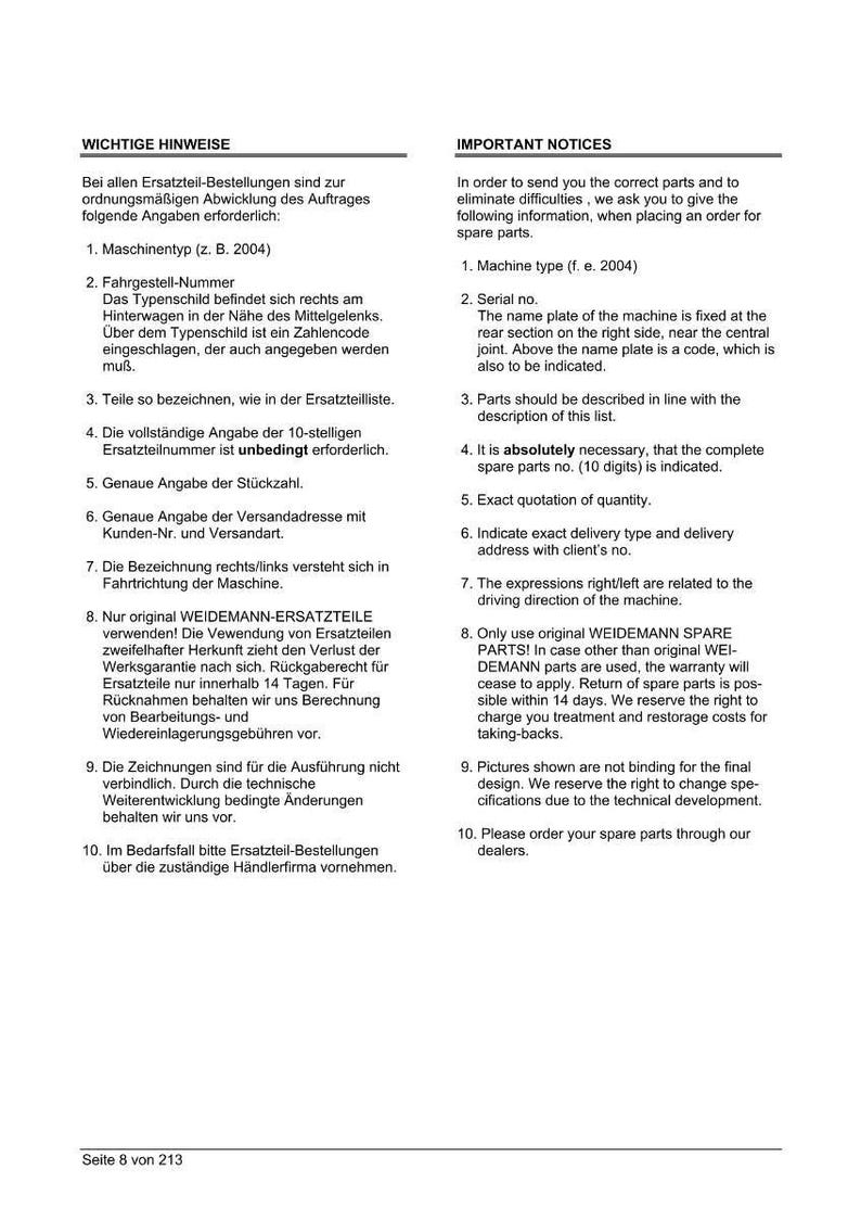 May include: A page from a manual with German and English text. The text provides instructions for ordering spare parts, including machine type, serial number, and part descriptions. The page is from a manual for Weidemann machines.