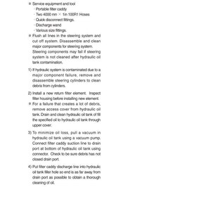 May include: A manual page with instructions for hydraulic oil cleaning. It describes procedures using a portable filter caddy, including flushing lines and minimizing oil loss. Measurements are in millimetres and inches.