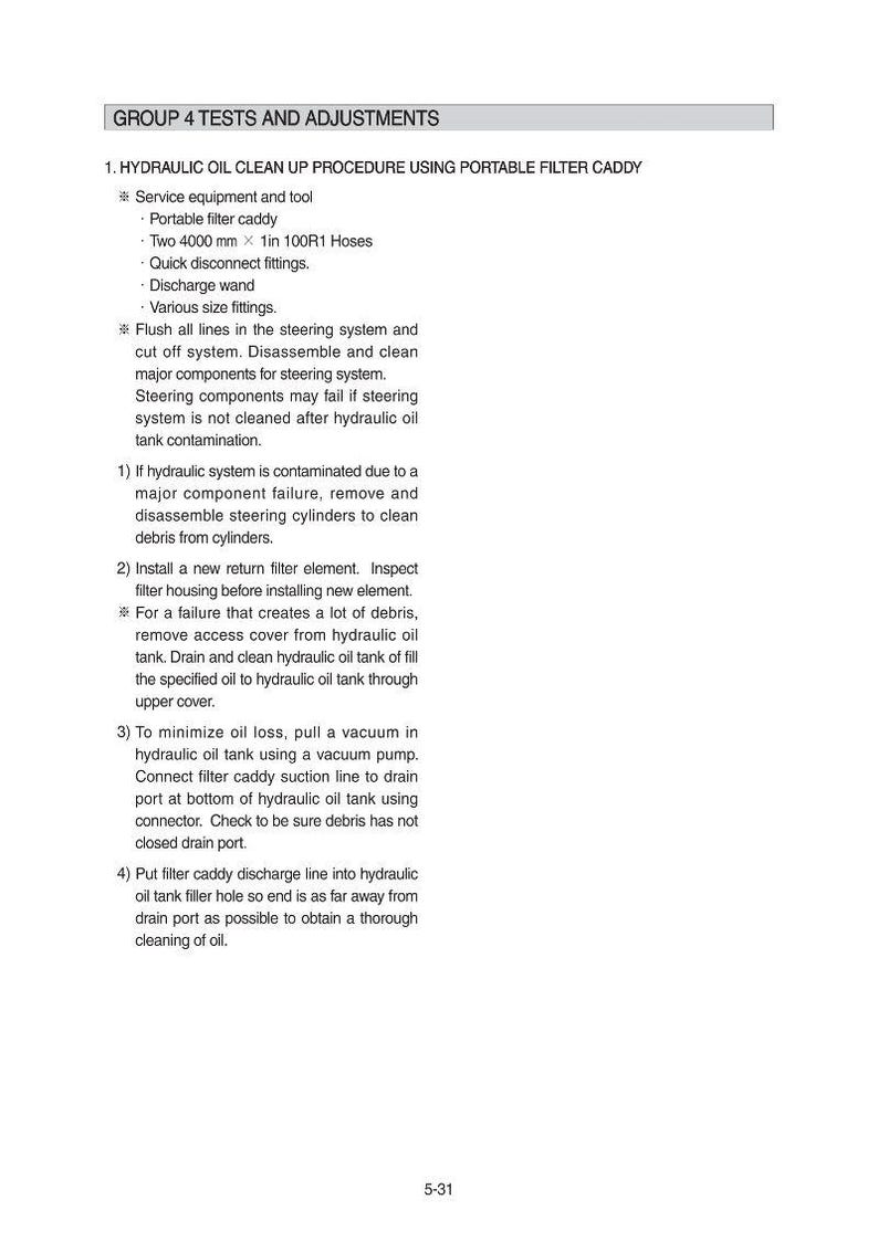 May include: A manual page with instructions for hydraulic oil cleaning. It describes procedures using a portable filter caddy, including flushing lines and minimizing oil loss. Measurements are in millimetres and inches.