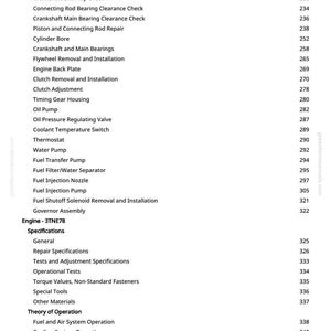 K&ouml;nnte beinhalten: Eine wei&szlig;e Seite aus einem Handbuch mit einer Liste von Themen zur Motorreparatur und -wartung. Zu den Themen geh&ouml;ren "Nockenwelle", "&Ouml;lpumpe", "Einspritzpumpe" und "Motorstart". Seitenzahlen sind rechts aufgef&uuml;hrt.