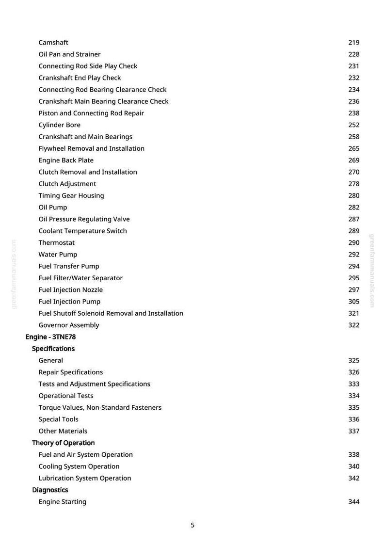 K&ouml;nnte beinhalten: Eine wei&szlig;e Seite aus einem Handbuch mit einer Liste von Themen zur Motorreparatur und -wartung. Zu den Themen geh&ouml;ren "Nockenwelle", "&Ouml;lpumpe", "Einspritzpumpe" und "Motorstart". Seitenzahlen sind rechts aufgef&uuml;hrt.