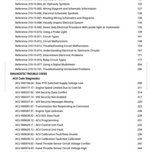 May include: A detailed table of contents from a manual, listing various references and diagnostic trouble codes. The text includes specifications, wiring diagrams, and ACU code diagnostics, with page numbers for each section.