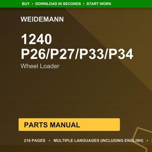 Puede incluir: Manual de piezas digital para una cargadora de ruedas Weidemann, modelo 1240 P26/P27/P33/P34. La portada es un degradado de marr&oacute;n y dorado con texto blanco. El manual tiene 216 p&aacute;ginas y est&aacute; en varios idiomas.