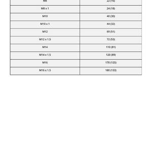 Pu&ograve; includere: Una tabella bianca con testo nero. La tabella elenca varie dimensioni di bulloni metrici (M6, M8, M10, M12, M14, M16) e i corrispondenti valori numerici. L'immagine include anche il numero 171 in basso.