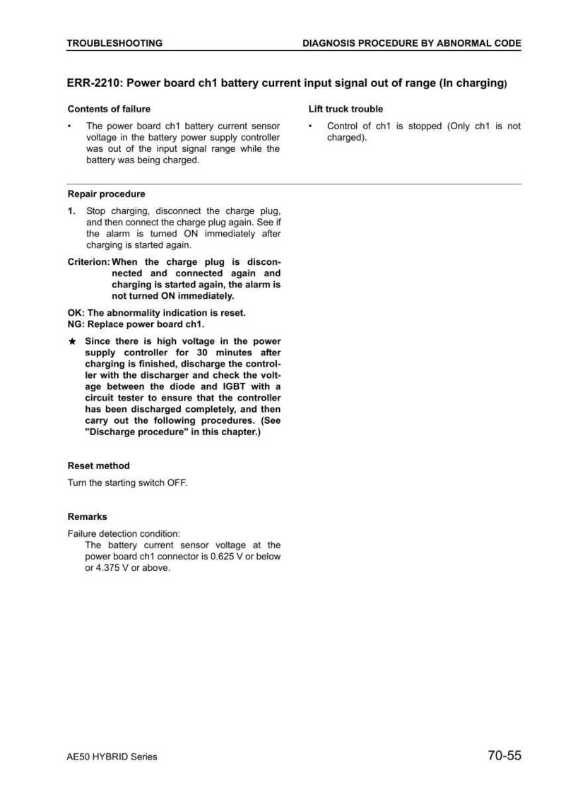 Op de afbeelding: Probleemoplossingsgids voor ERR-2210, met details over problemen met het batterijstroom-ingangssignaal van de ch1-stroomkaart. Bevat reparatieprocedures, resetmethoden en storingsdetectievoorwaarden. Tekst met spanningsmetingen in volt.