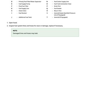 Op de afbeelding: Een witte pagina met een legenda van componenten van het brandstofsysteem van auto's, waaronder brandstofinjectiepomp, brandstoftank en brandstofleidingen. Er worden instructies gegeven om brandstofsysteemleidingen en -slangen te inspecteren.