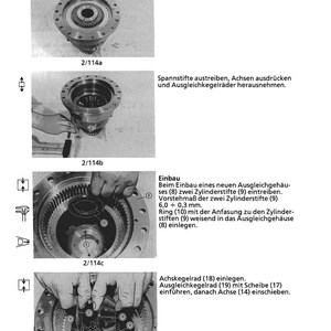 May include: Diagram of mechanical components with German text. The image details assembly steps, including removing parts, driving pins, and inserting gears. Measurements are provided in millimeters.