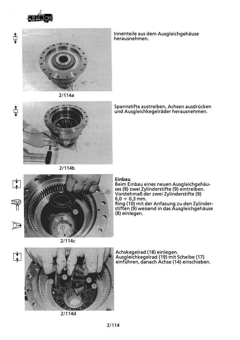 May include: Diagram of mechanical components with German text. The image details assembly steps, including removing parts, driving pins, and inserting gears. Measurements are provided in millimeters.