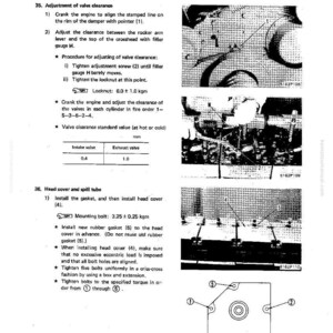 May include: A page from a manual detailing engine disassembly and assembly procedures. The text includes instructions for valve clearance adjustment, head cover installation, and bolt tightening. Diagrams and measurements are also included.