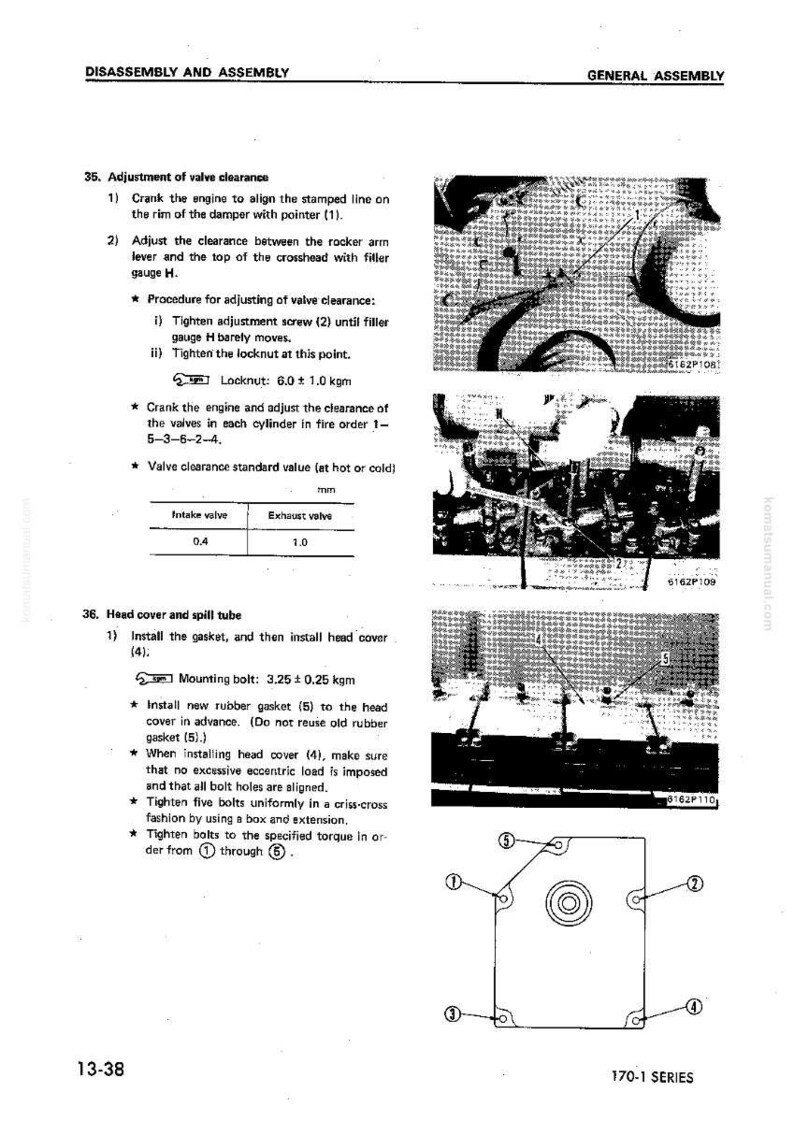 May include: A page from a manual detailing engine disassembly and assembly procedures. The text includes instructions for valve clearance adjustment, head cover installation, and bolt tightening. Diagrams and measurements are also included.