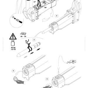 May include: Diagram of a Komatsu hydraulic hammer, showing assembly steps. Includes labels for HP, LP, and AIR. The diagram also shows a weight of 62 kg / 137 lb. The model number is JMHB130H, BM86808474.