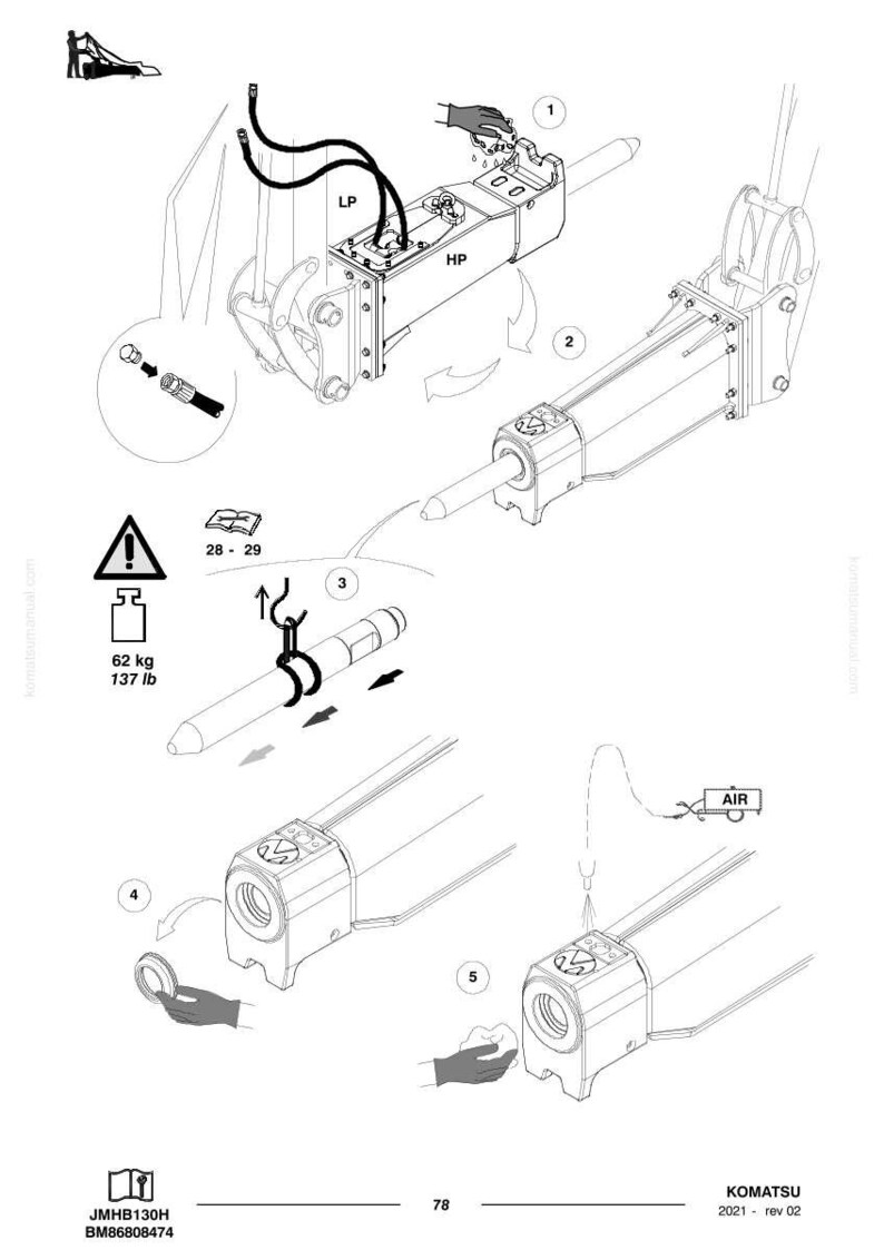 May include: Diagram of a Komatsu hydraulic hammer, showing assembly steps. Includes labels for HP, LP, and AIR. The diagram also shows a weight of 62 kg / 137 lb. The model number is JMHB130H, BM86808474.