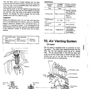 Puede incluir: Diagrama de un filtro de combustible y un sistema de ventilaci&oacute;n de aire para un motor DI. La imagen incluye ilustraciones detalladas del filtro de combustible, la v&aacute;lvula de retenci&oacute;n y la bomba de inyecci&oacute;n, con etiquetas y especificaciones.