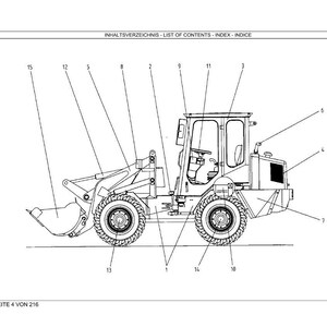 May include: Line drawing of a wheel loader with numbered parts. The image includes the text "INHALTSVERZEICHNIS - LIST OF CONTENTS - INDEX - INDICE" at the top and "SEITE 4 VON 210" at the bottom.