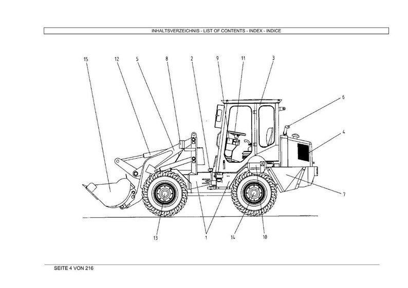May include: Line drawing of a wheel loader with numbered parts. The image includes the text "INHALTSVERZEICHNIS - LIST OF CONTENTS - INDEX - INDICE" at the top and "SEITE 4 VON 210" at the bottom.