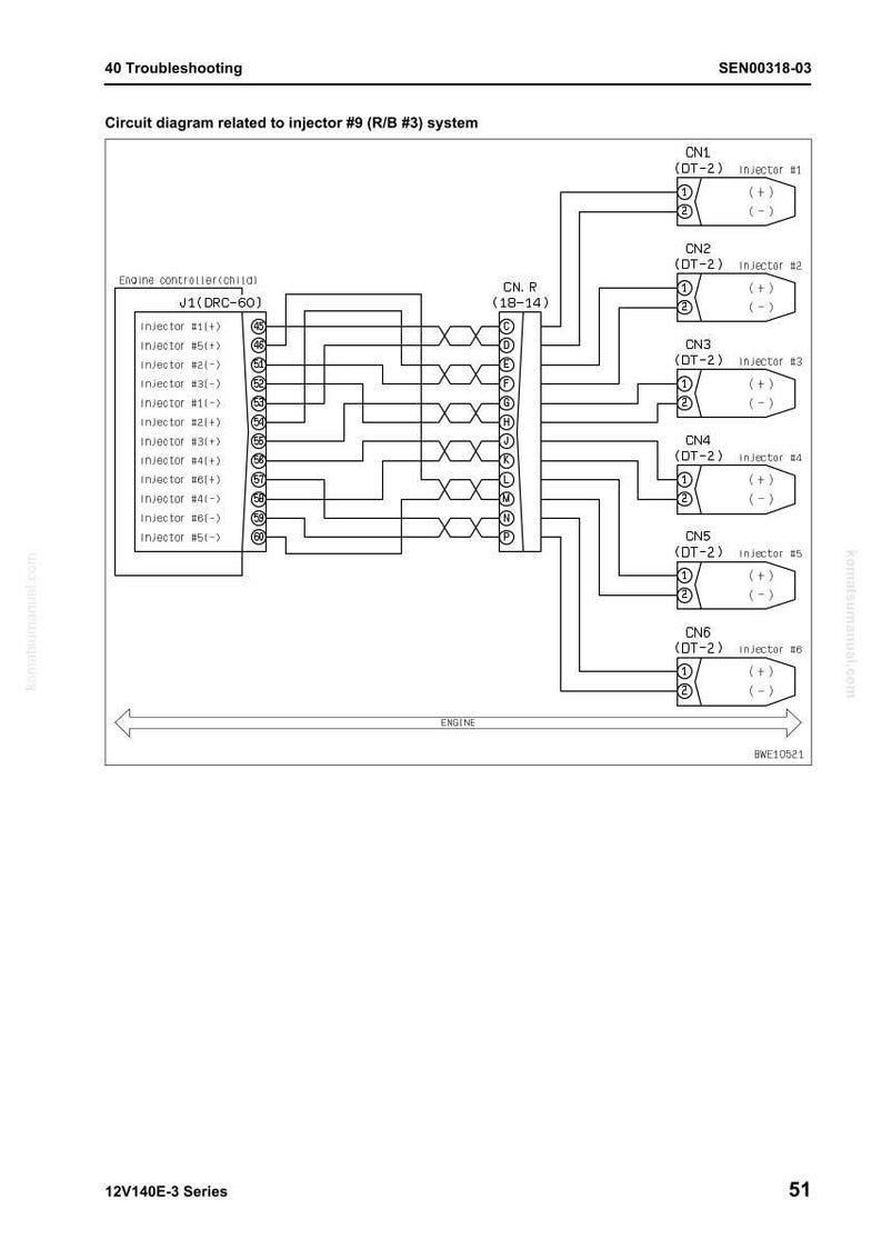 May include: A circuit diagram related to the injector #9 (R/B #3) system. The diagram includes components such as the engine controller, injectors, and various connectors. Text includes "40 Troubleshooting" and "12V140E-3 Series".