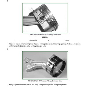 May include: Diagrams of engine piston components, including a piston, rings, and connecting rod. The images show assembly steps, including installing rings and applying oil. Text includes part numbers and labels.