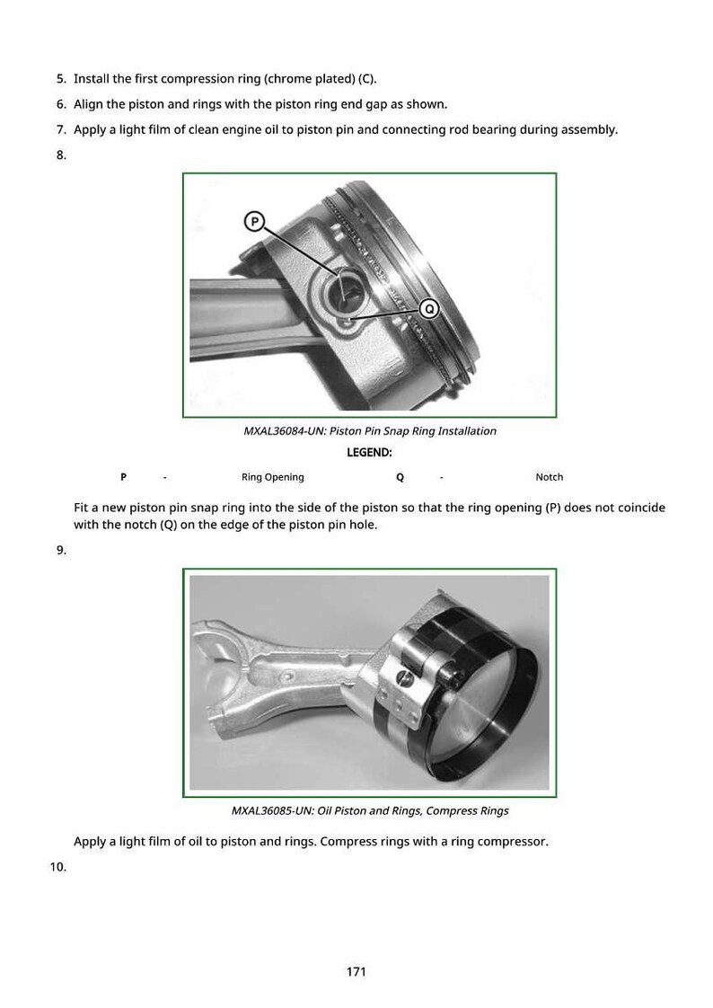 May include: Diagrams of engine piston components, including a piston, rings, and connecting rod. The images show assembly steps, including installing rings and applying oil. Text includes part numbers and labels.