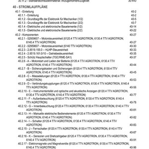 Pode incluir: Uma detalhada tabela de conte&uacute;dos em preto e branco, listando v&aacute;rios componentes el&eacute;tricos e eletr&ocirc;nicos, incluindo unidades de controle do motor, ilumina&ccedil;&atilde;o e sensores. O documento &eacute; para m&aacute;quinas agr&iacute;colas.