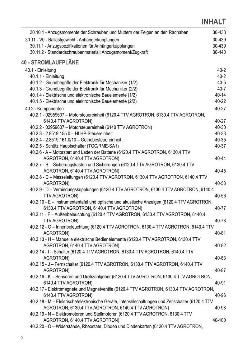 Pode incluir: Uma detalhada tabela de conte&uacute;dos em preto e branco, listando v&aacute;rios componentes el&eacute;tricos e eletr&ocirc;nicos, incluindo unidades de controle do motor, ilumina&ccedil;&atilde;o e sensores. O documento &eacute; para m&aacute;quinas agr&iacute;colas.