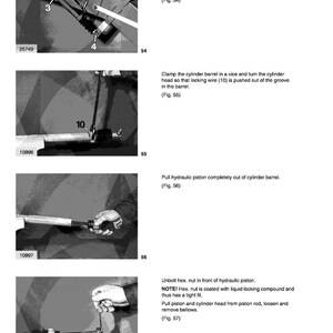 May include: A page from a manual titled "Hydraulics, Electrics" with diagrams and instructions for disassembling a hydraulic cylinder. The images show various steps, including removing hoses and pulling out the piston.