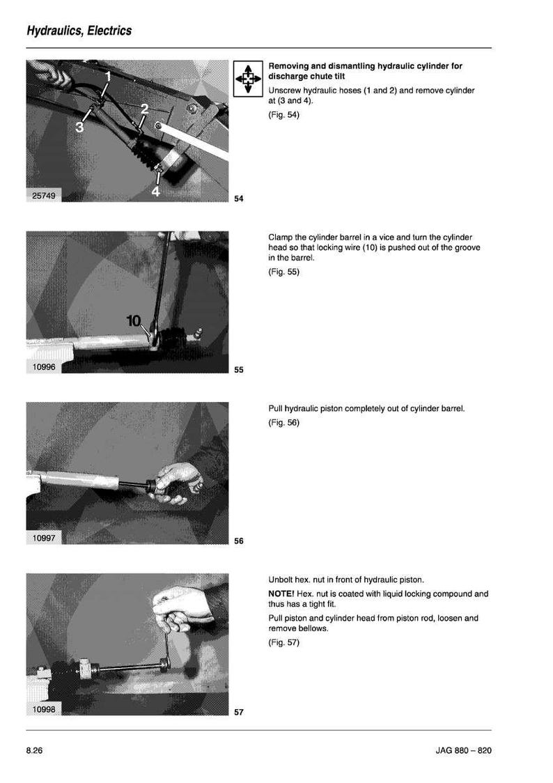 May include: A page from a manual titled "Hydraulics, Electrics" with diagrams and instructions for disassembling a hydraulic cylinder. The images show various steps, including removing hoses and pulling out the piston.