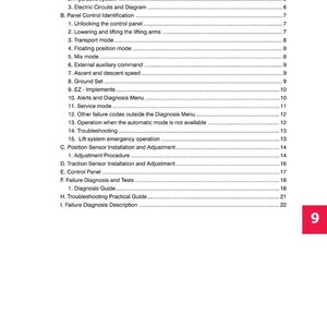 May include: A page from a Husco System manual, featuring a table of contents with numbered sections and sub-sections. The document includes headings such as "Hydraulic system", "Electric Circuits and Diagram", and "Failure Diagnosis and Tests". A large number 9 is in the bottom right corner.
