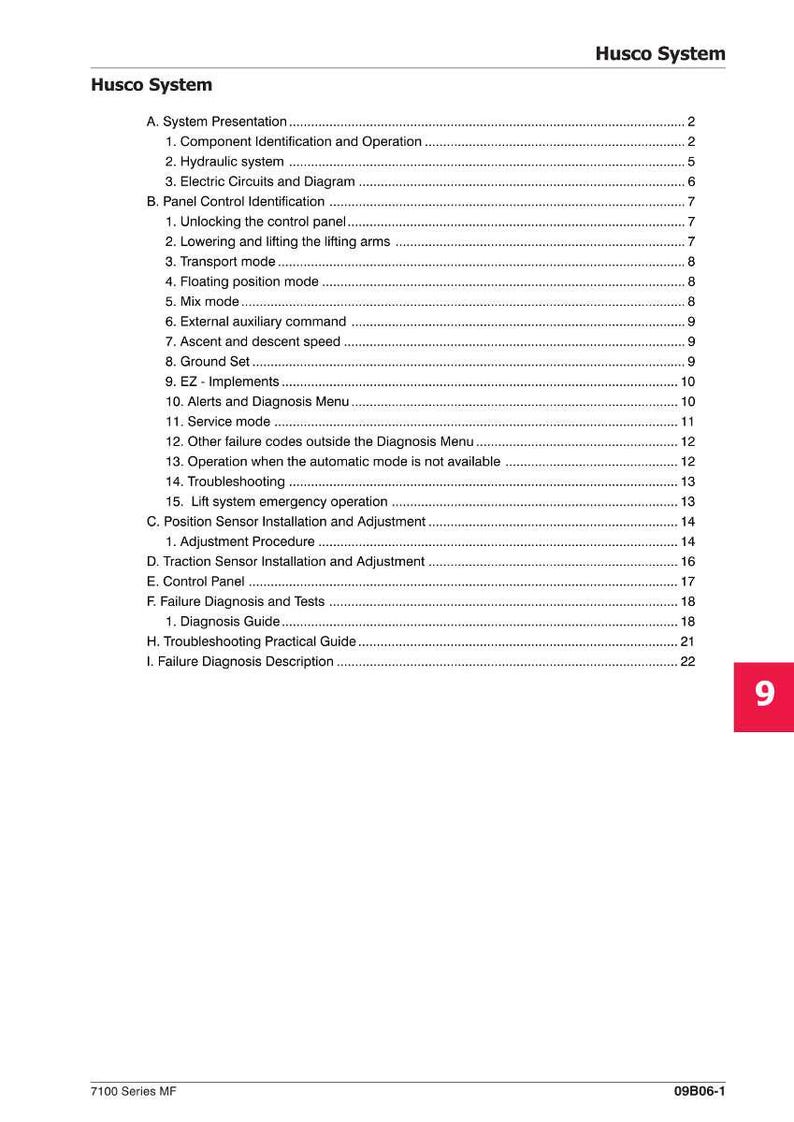 May include: A page from a Husco System manual, featuring a table of contents with numbered sections and sub-sections. The document includes headings such as "Hydraulic system", "Electric Circuits and Diagram", and "Failure Diagnosis and Tests". A large number 9 is in the bottom right corner.