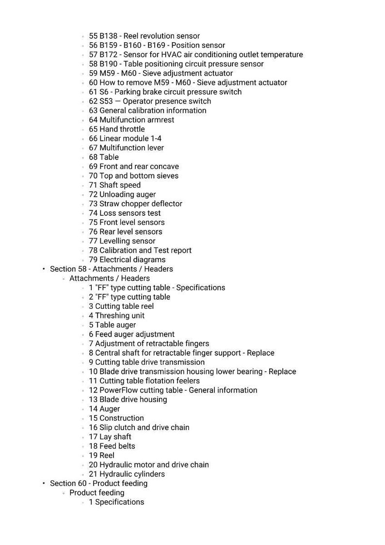 May include: A detailed list of technical specifications and components, including sensors, actuators, and diagrams. The text is organized into sections and sub-sections, with itemized lists for easy reference.