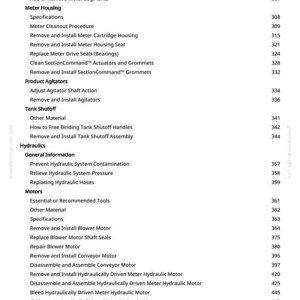 May include: A detailed table of contents from a manual, featuring various sections like "Meter Housing," "Product Agitators," and "Hydraulics." The text is in black against a white background, with page numbers on the right.