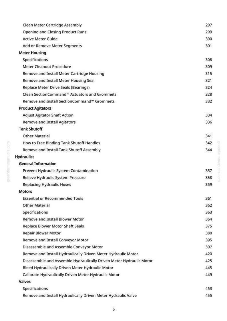 May include: A detailed table of contents from a manual, featuring various sections like "Meter Housing," "Product Agitators," and "Hydraulics." The text is in black against a white background, with page numbers on the right.
