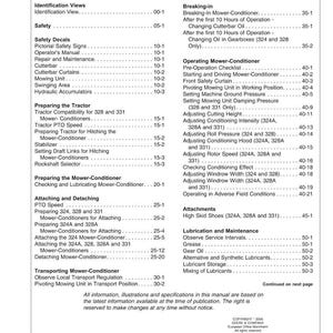 May include: A detailed table of contents from a manual, featuring a list of topics such as safety, mower-conditioner operation, and maintenance. The text is black on a white background.