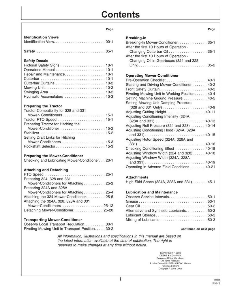 May include: A detailed table of contents from a manual, featuring a list of topics such as safety, mower-conditioner operation, and maintenance. The text is black on a white background.
